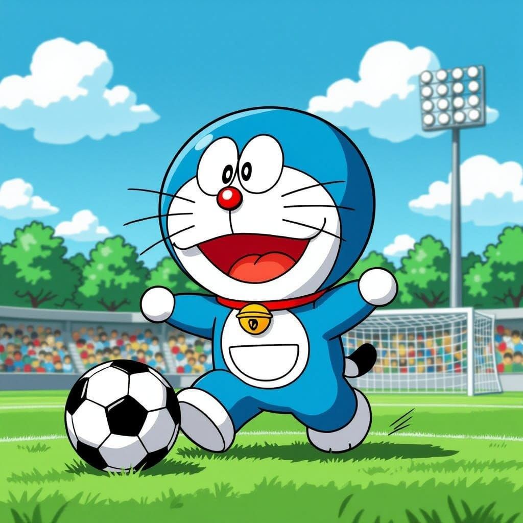 Blue-Collared Doraemon Plays Soccer in a Vibrant Anime Style