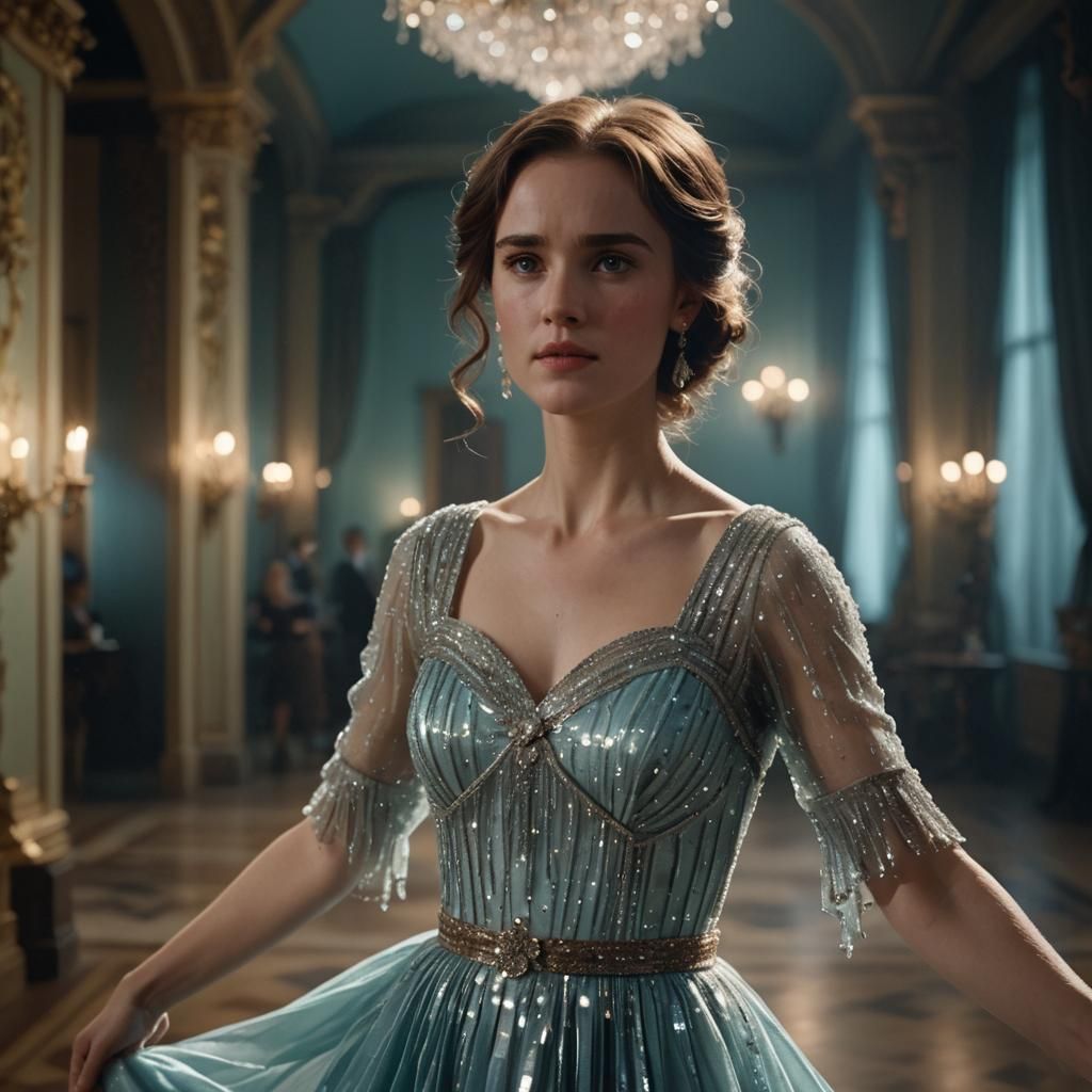 Woman in Ballroom with Crystal Dress, Hyper-Realistic Photo
