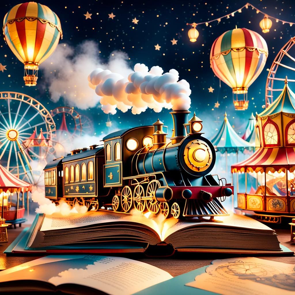 A highly detailed, whimsical pop-up book scene with a magical, fantasy theme. The book is open, with intricate three-dim...