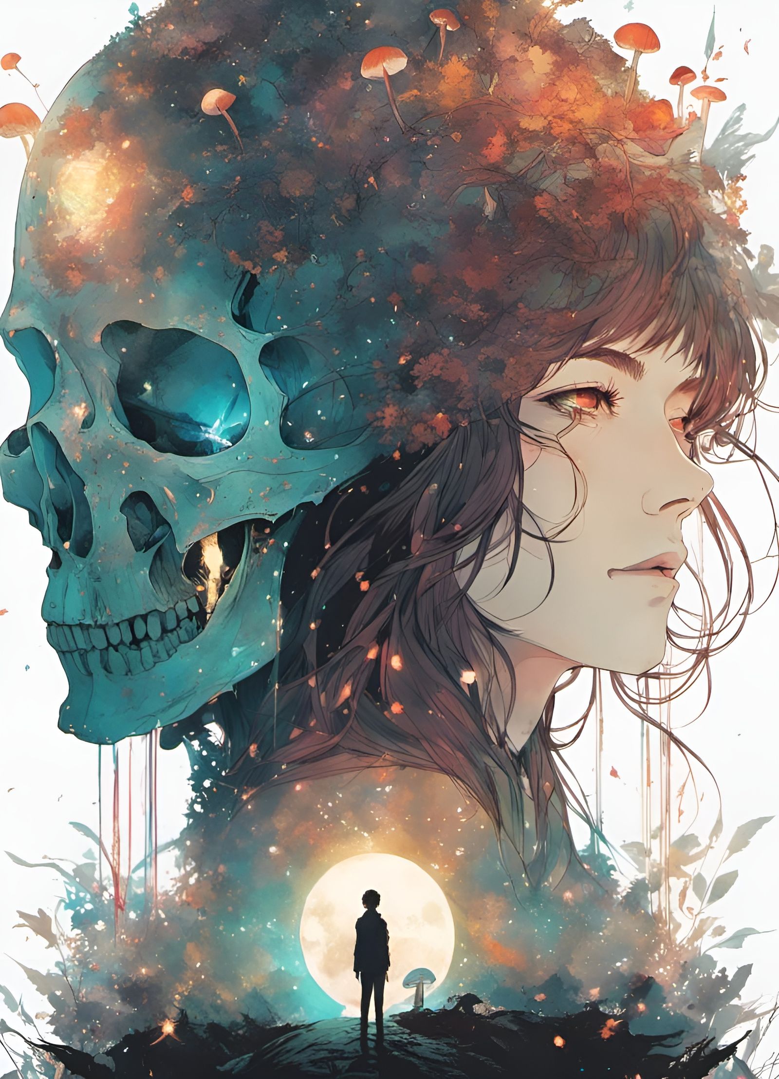 Mushroom Skull God and Goddess in Anime Style