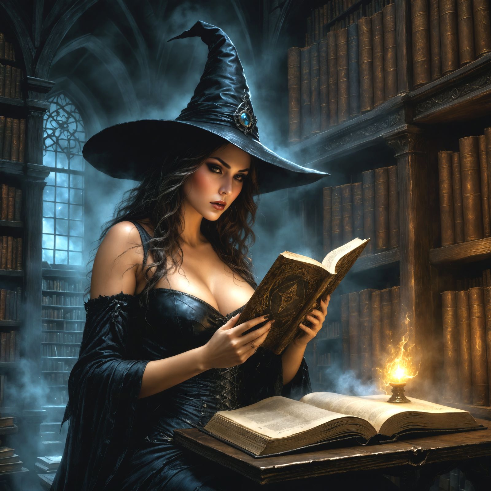 Curvy Witch Reads Magic Tome in Dark Library