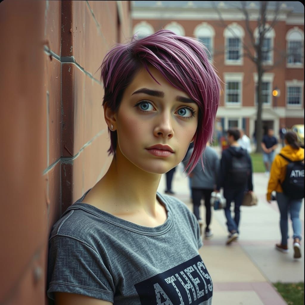 Young Woman Lost in Thought on University Campus
