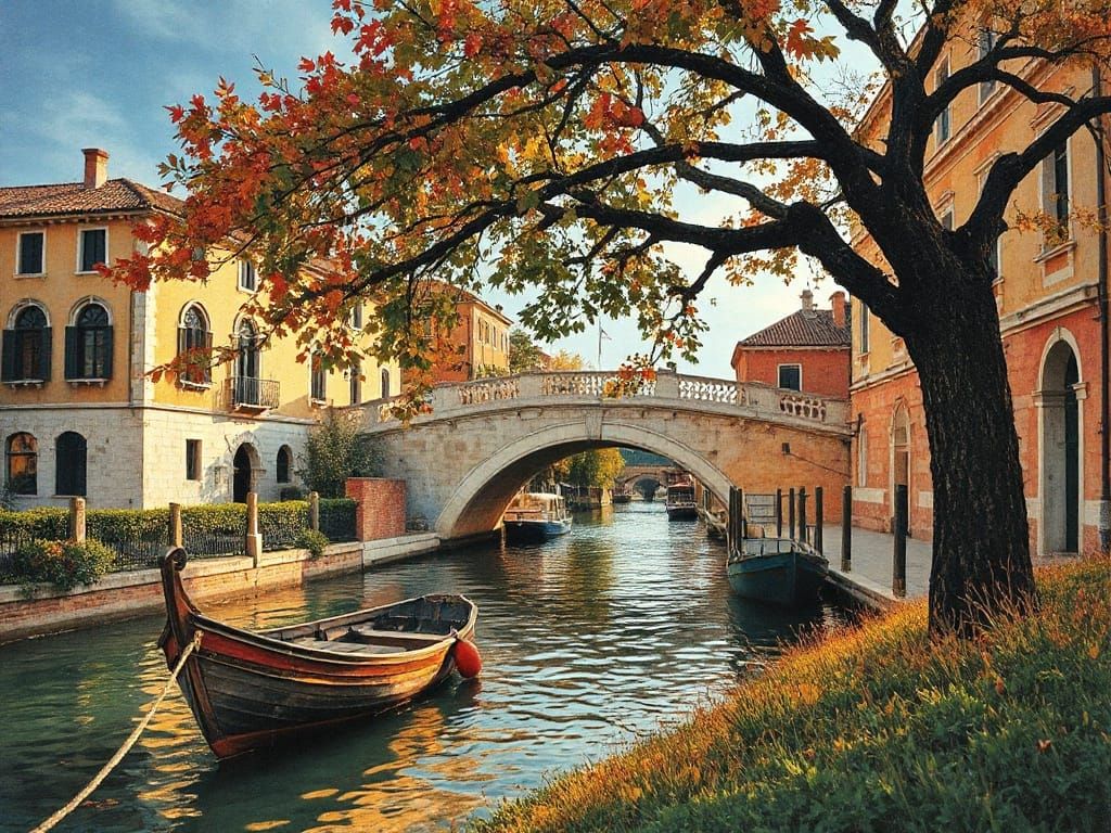 Surreal Venice Bridge at Golden Hour in Painterly Aesthetic