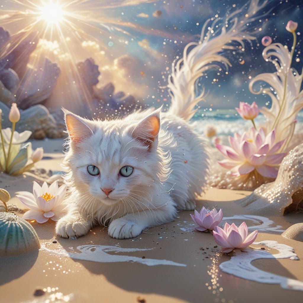 Whimsical Watercolor Art of White Kitten on Celestial Beach