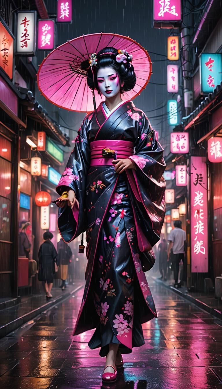 Geisha in Rainy Neon Street: Detailed Matte Painting