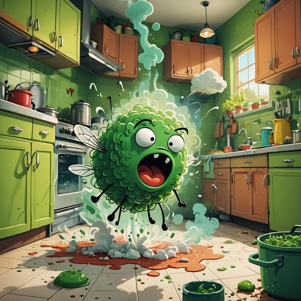 Cartoon Fly Farting in a Cluttered Kitchen