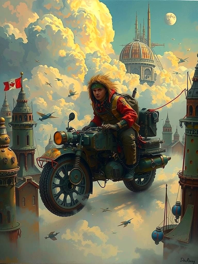 Flamboyant STEAMPUNK Nomad,  COLORFUL Science Fiction Cloudscape, oils, Peter de Sève, John Berkey