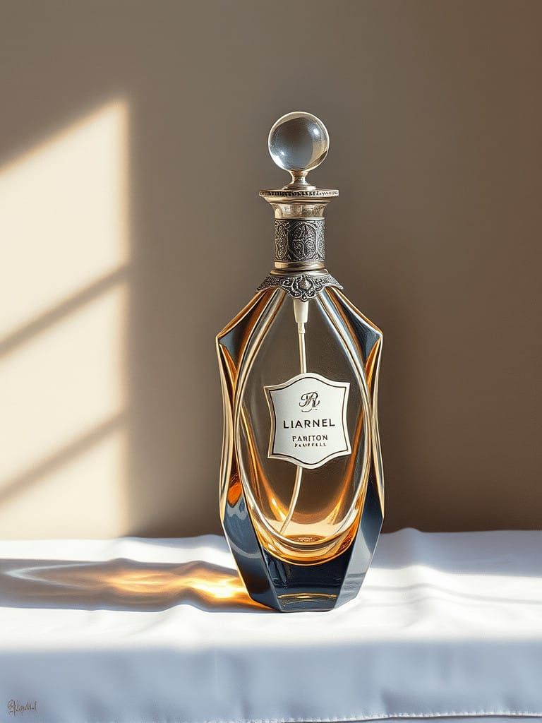 Hyperrealistic Art Deco Perfume Bottle Still Life