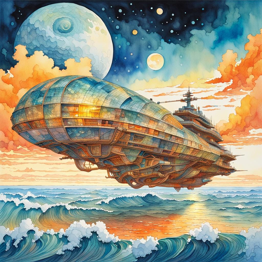 Futuristic Ship in Watercolor with Dramatic Sky