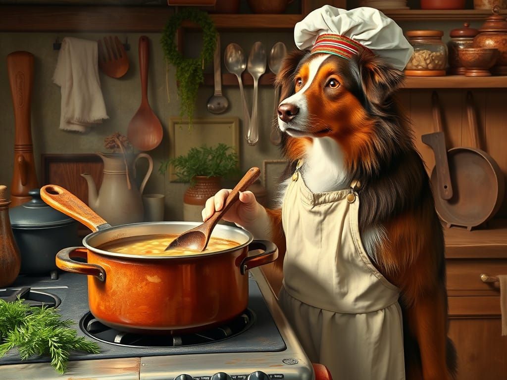 A Brown Australian Shepherd Chef Stirs Vegetable Soup in a C...