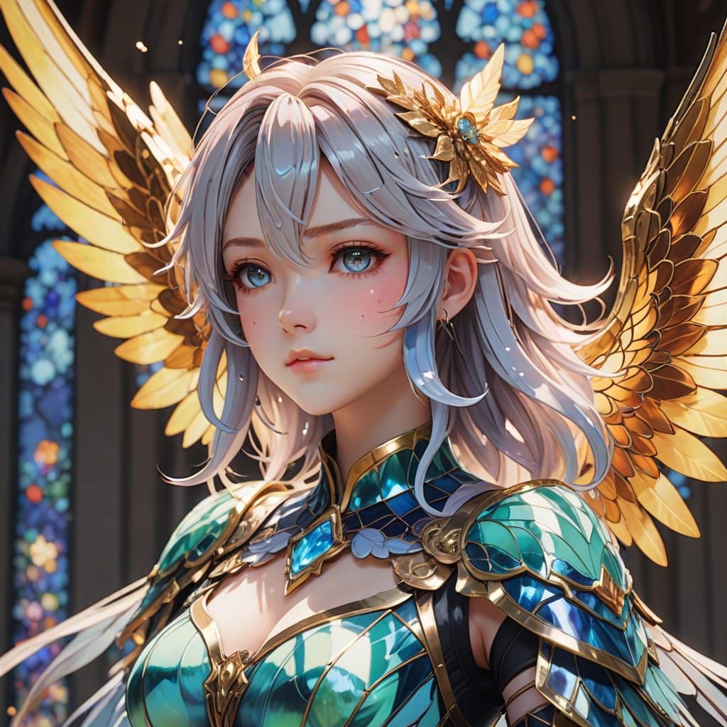 Anime Character Flying with Stained Glass Wings