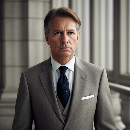 Hyperrealistic Portrait of a 55-year-old Man in a Grey Suit