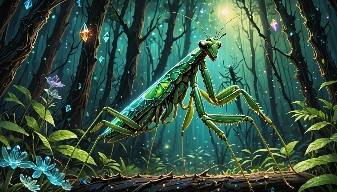 Bioluminescent Praying Mantis Spirit Animal in Crystal Fores...