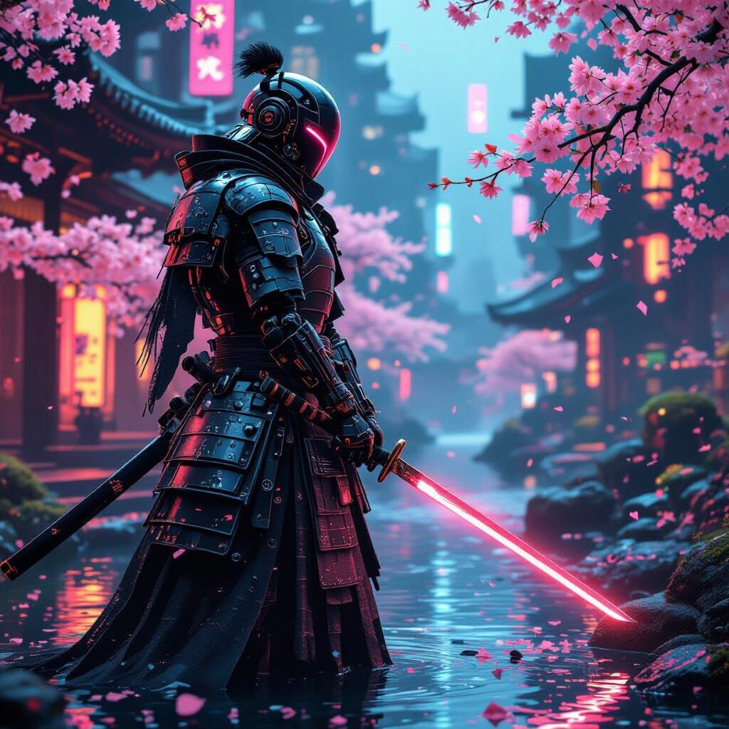 Android Samurai in Neon Cityscape, Cyberpunk Style