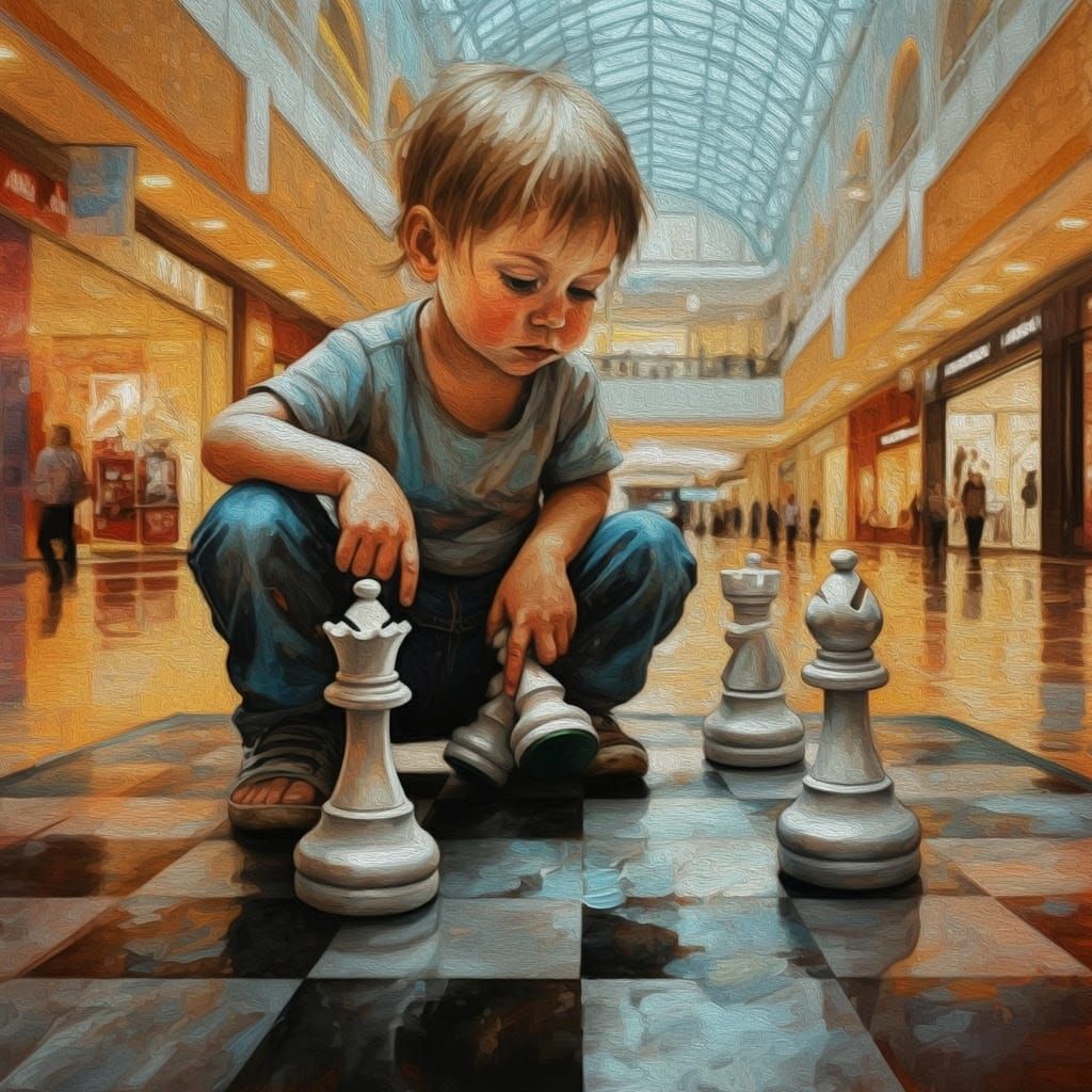Child Contemplates Chess in Vibrant Shopping Centre Mural