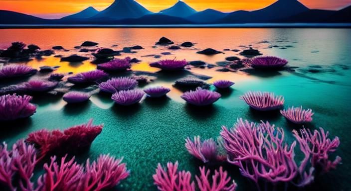 Exotic Fish Glide Through Coral Reef at Sunset