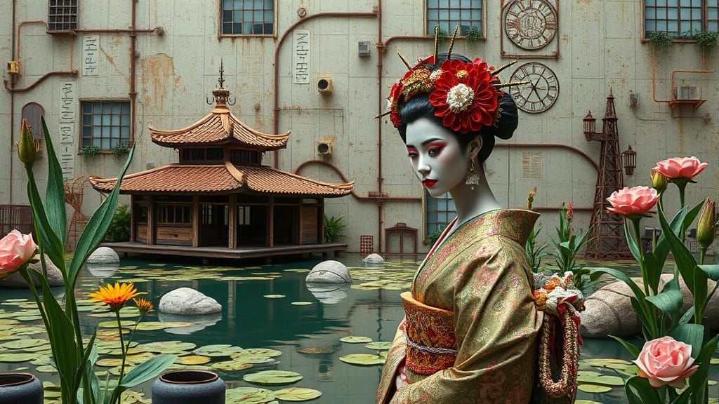 Steampunk Geisha Amidst Rusty Industrial Oasis