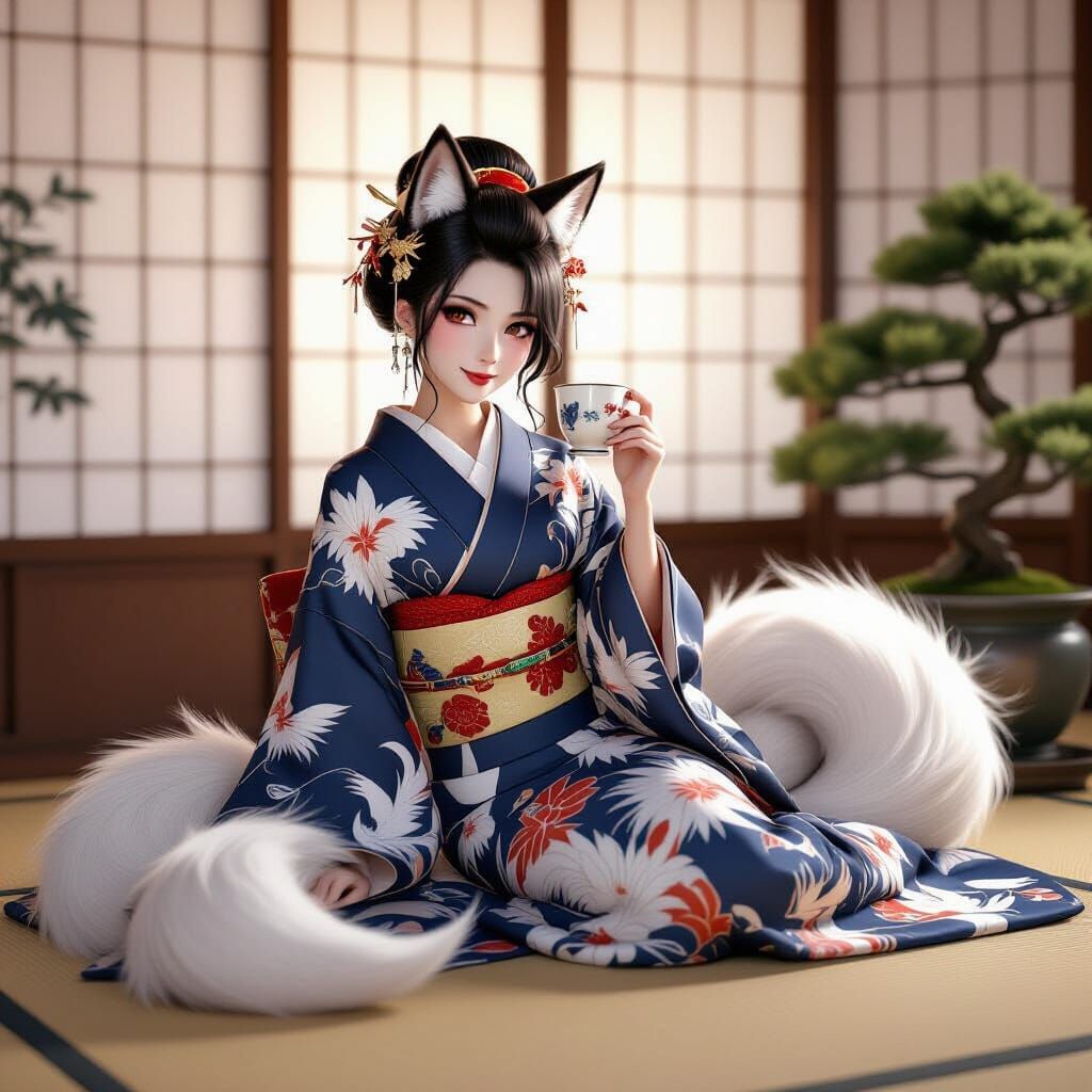 Elegant Kitsune Lady Lounging in Silk Kimono