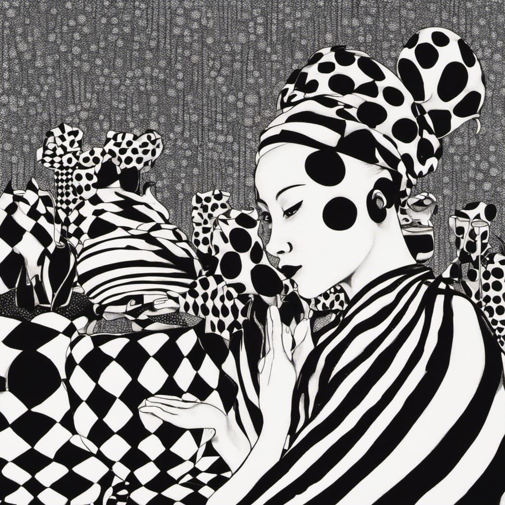 Yayoi Kusama female jester in bonsai trees water stripes che...
