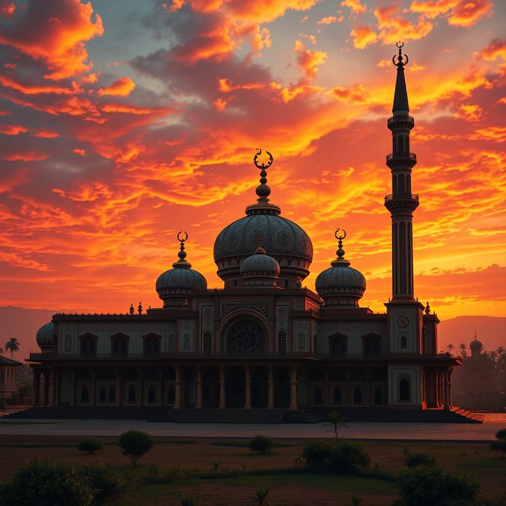Surreal African Sunset Mosque in Vibrant Fantasy Art Style