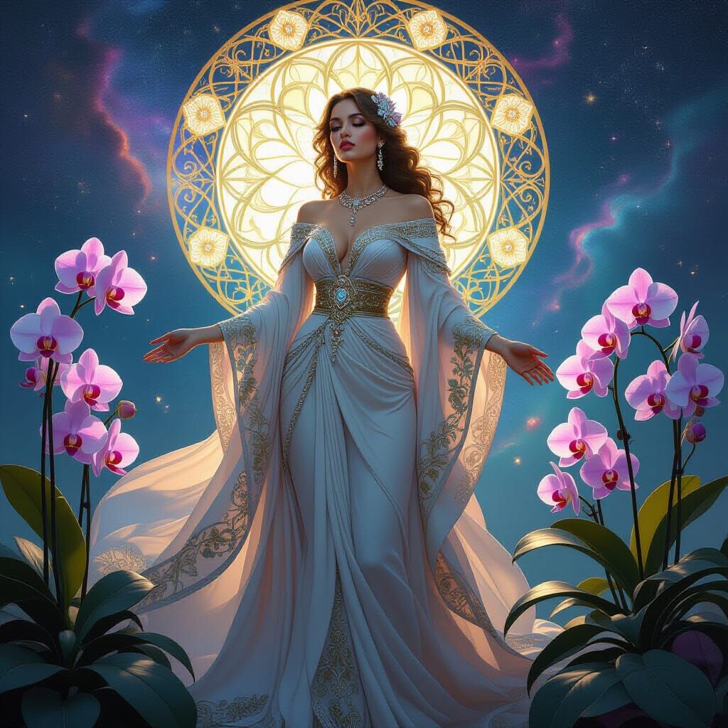 Regal Woman in Celestial Robes Amidst Bioluminescent Flora