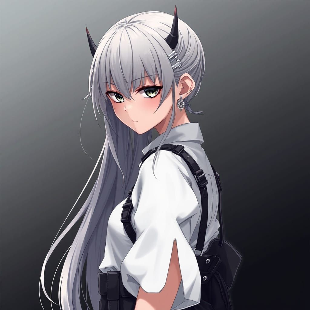 Enigmatic Anime-Inspired Fantasy Girl with Horns and Gearwhe...