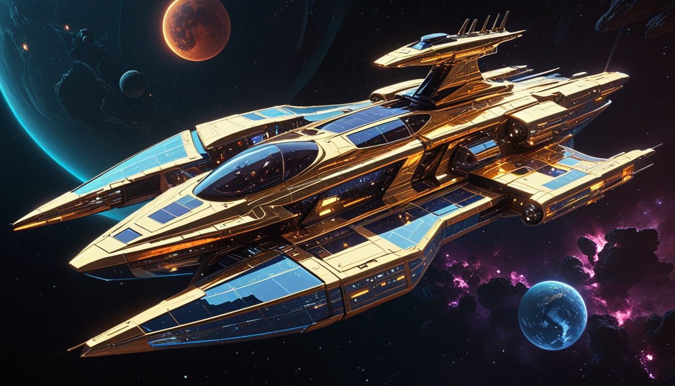 Surreal Futuristic Castle-Starship in Metallic Gold and Dark...