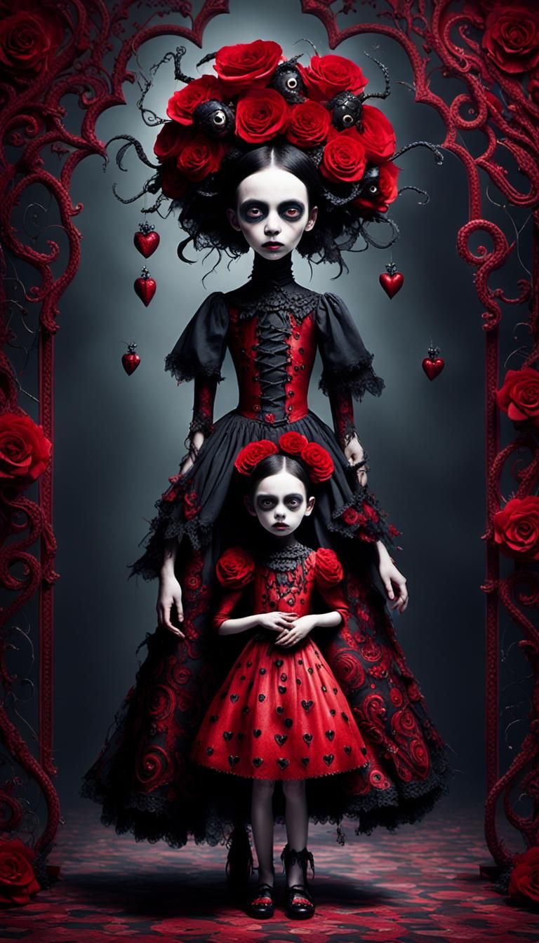 Gothic Mother and Child in Tim Burton Style
