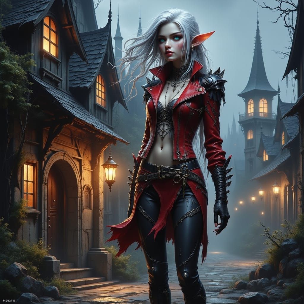 Elf in Twilight Town in Dark Fantasy Style