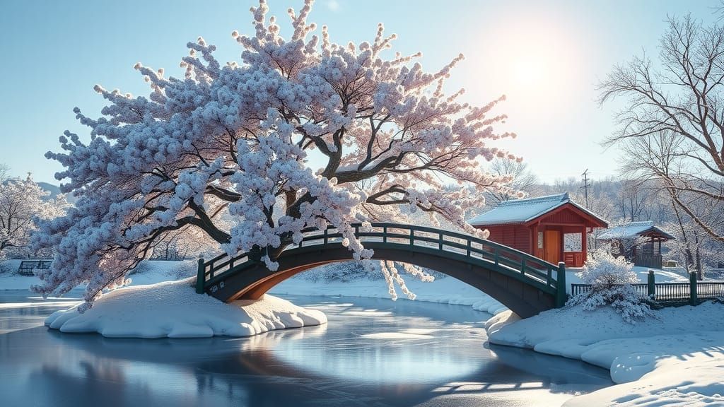 Majestic Sakura Tree in a Snowy Japanese Countryside