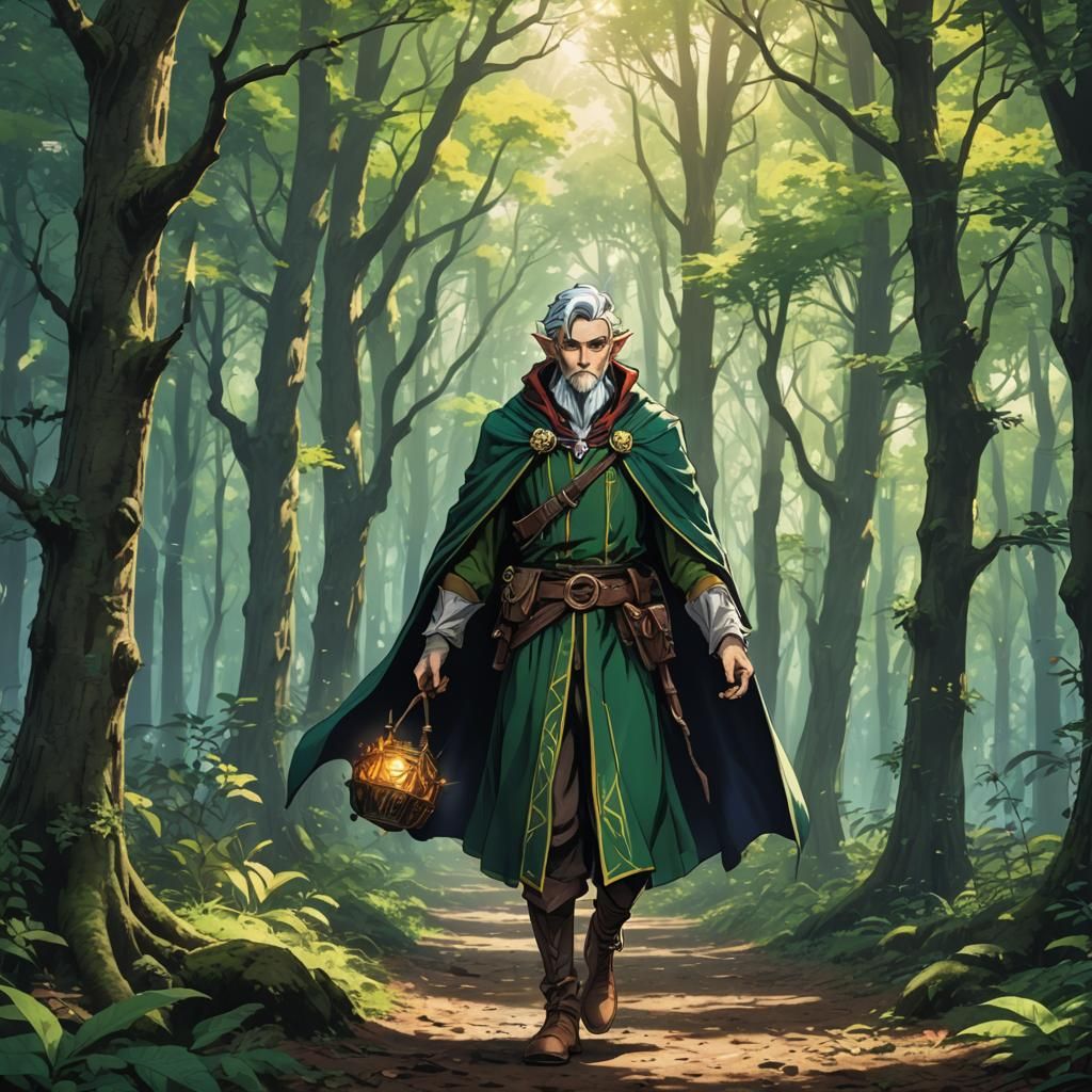 Elven Wizard in Forest, Anime Cel-Shaded Style