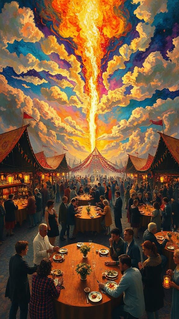 Vibrant Festival Scene in Klimt, Schiele, and Chagall Styles