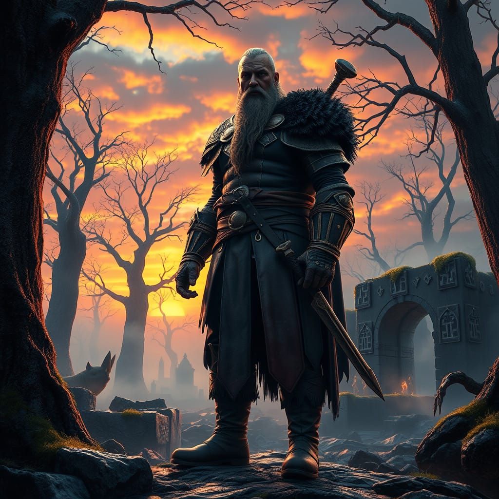 Mystical Viking Warrior Amidst Nordic Sunset