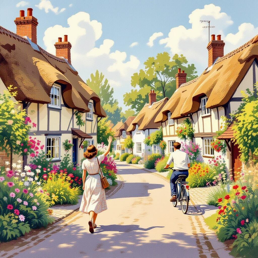 English Thatched Cottages with Blooming Gardens