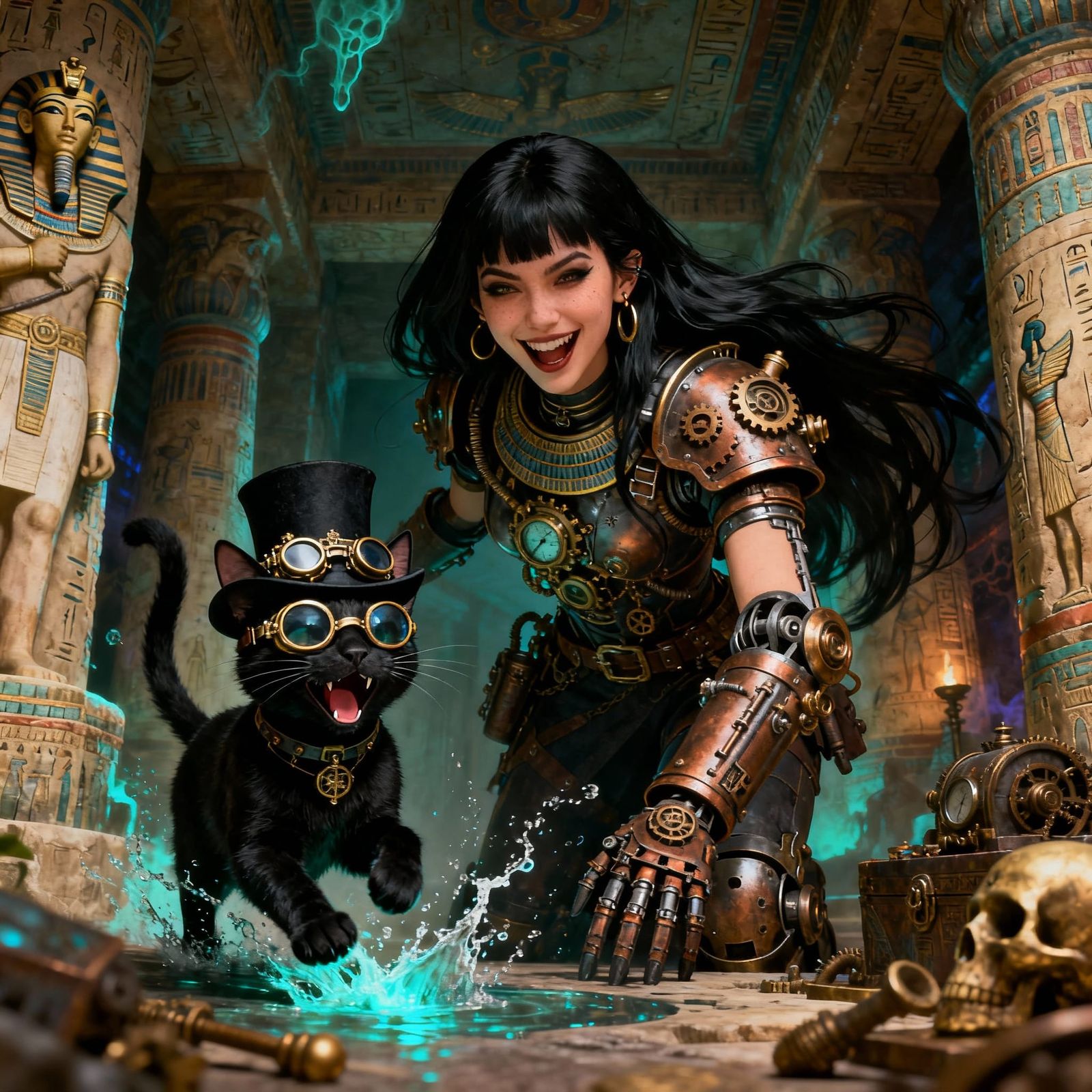 Steampunk Woman Explores Egyptian Tomb with Laughing Cat
