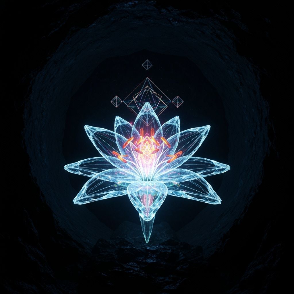 Crystalline Lily Emitting Geometric Light Patterns in Dark C...