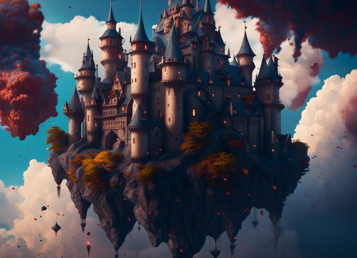 Fantasy Castle Floating in Sky: Detailed Matte Painting