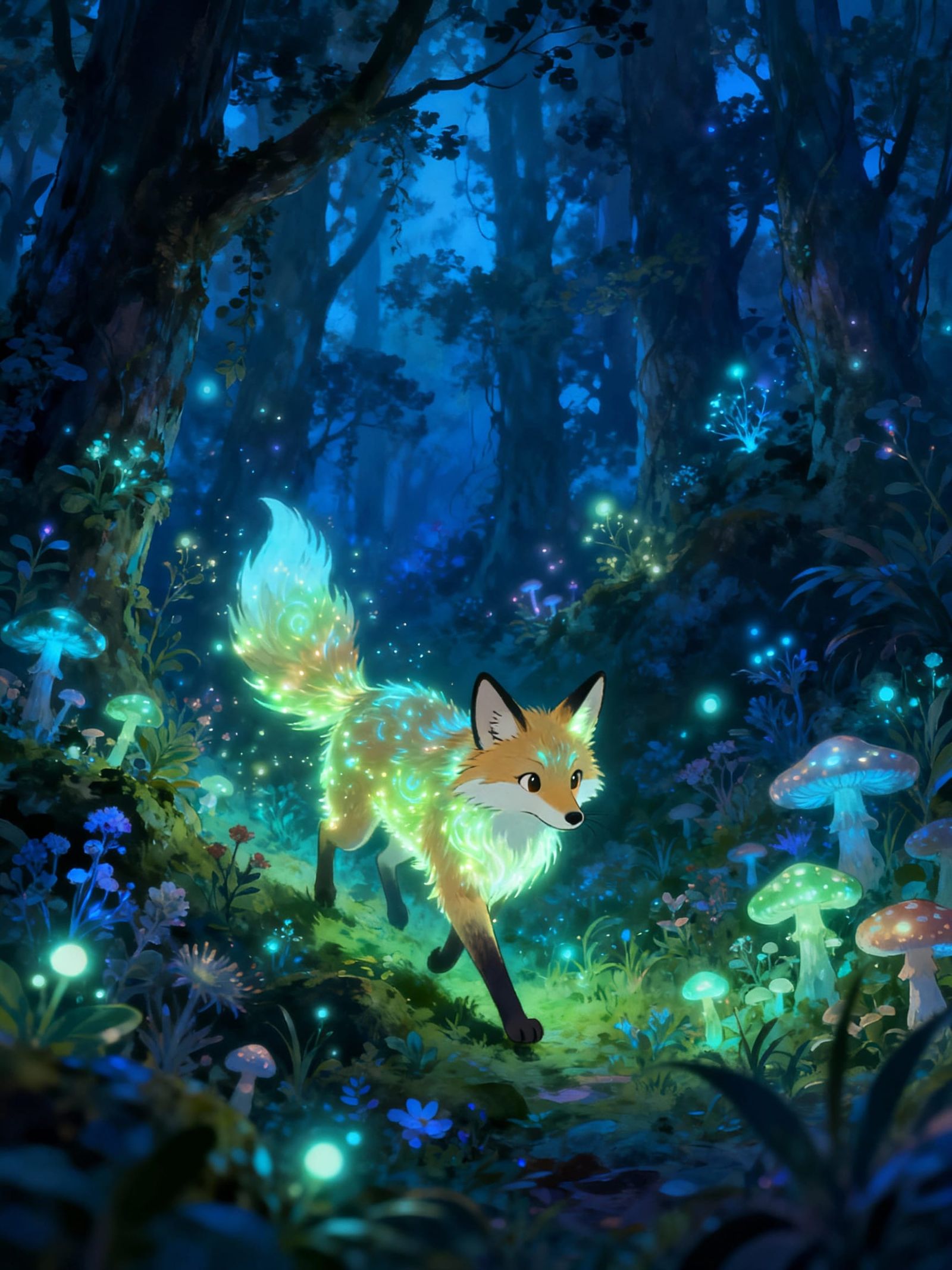 Bioluminescent Fox in Enchanting Forest Digital Painting