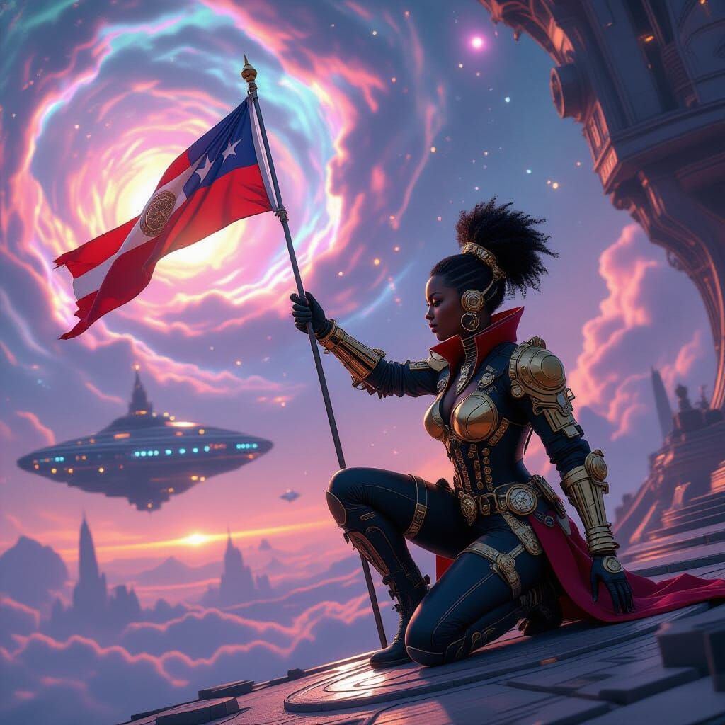 Cyberpunk Explorer Plants Flag on Nebula Planet