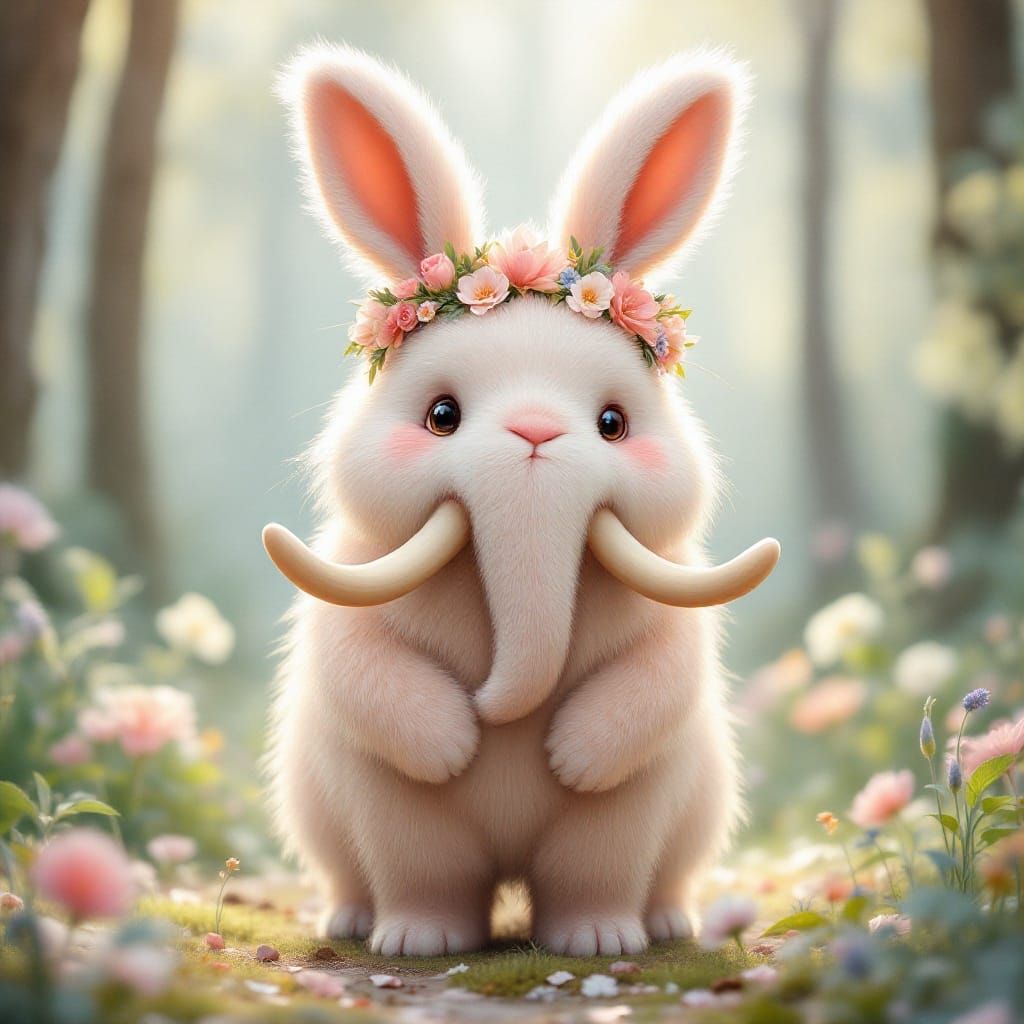 Cuddly Mammoth-Rabbit Hybrid in Kawaii Ghibli Style