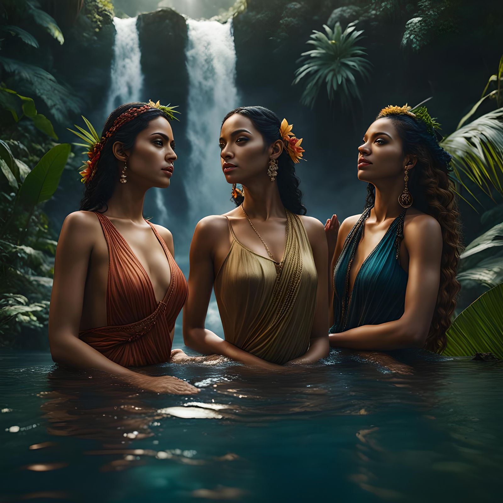 Beautiful Women Bathing in Tropical Waterfall, Detailed Matt...