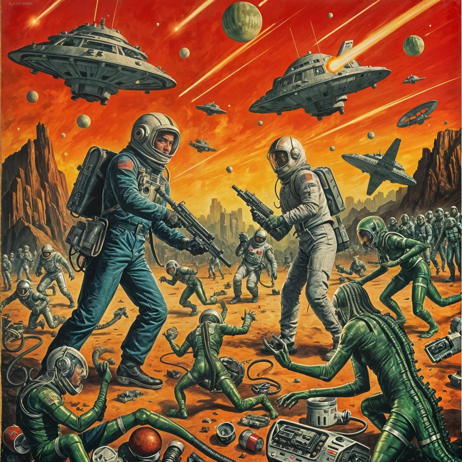 Retro Sci-Fi Astronaut vs. Green Aliens