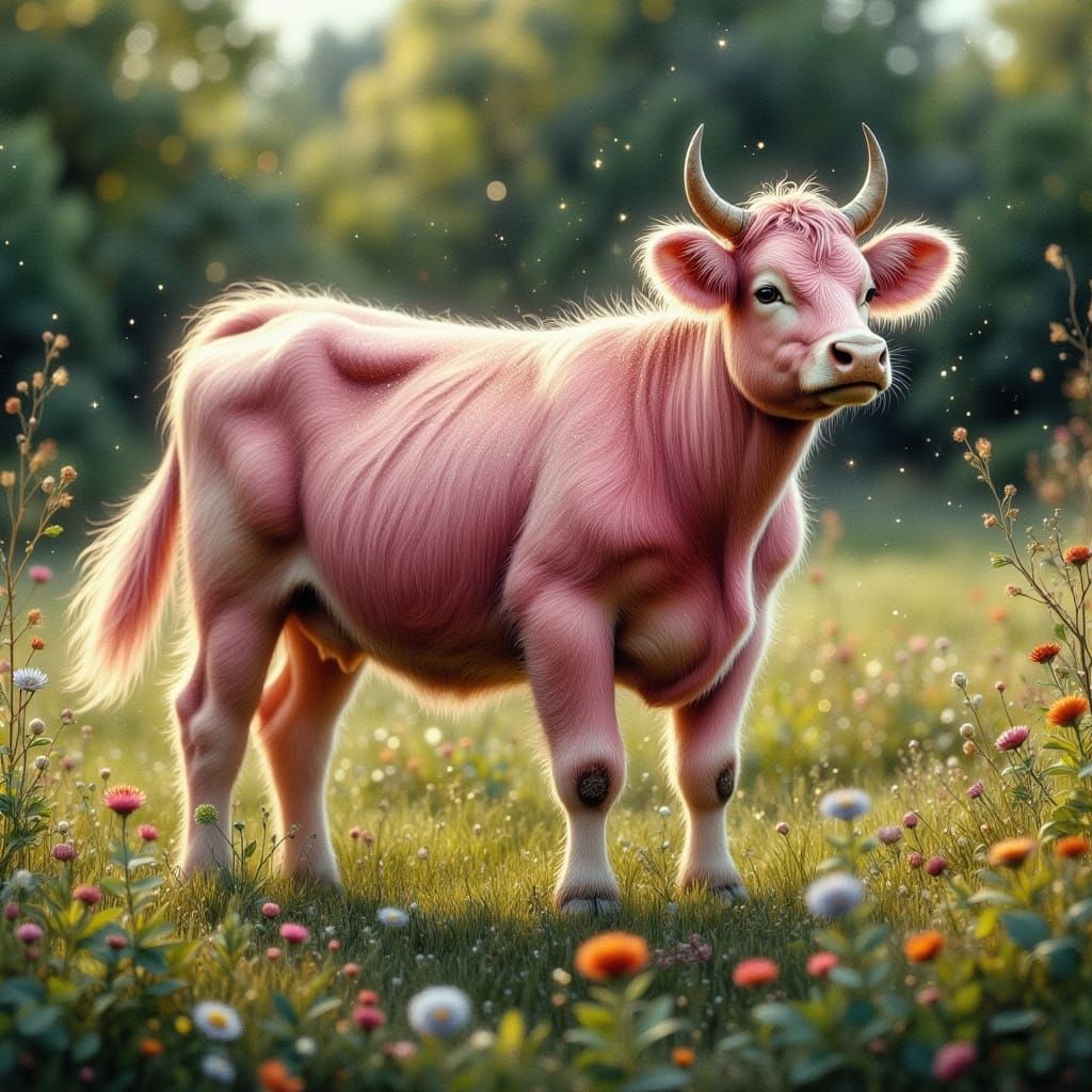 Glittering Pink Cow in Lush Meadow