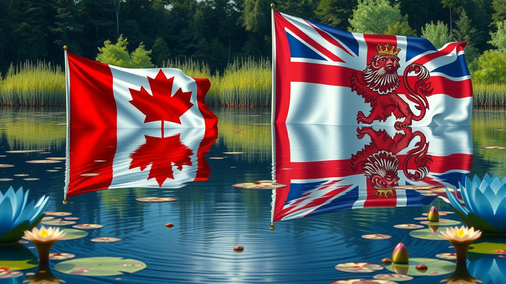 Pond Reflecting Canada and UK Flags in Hyperrealism