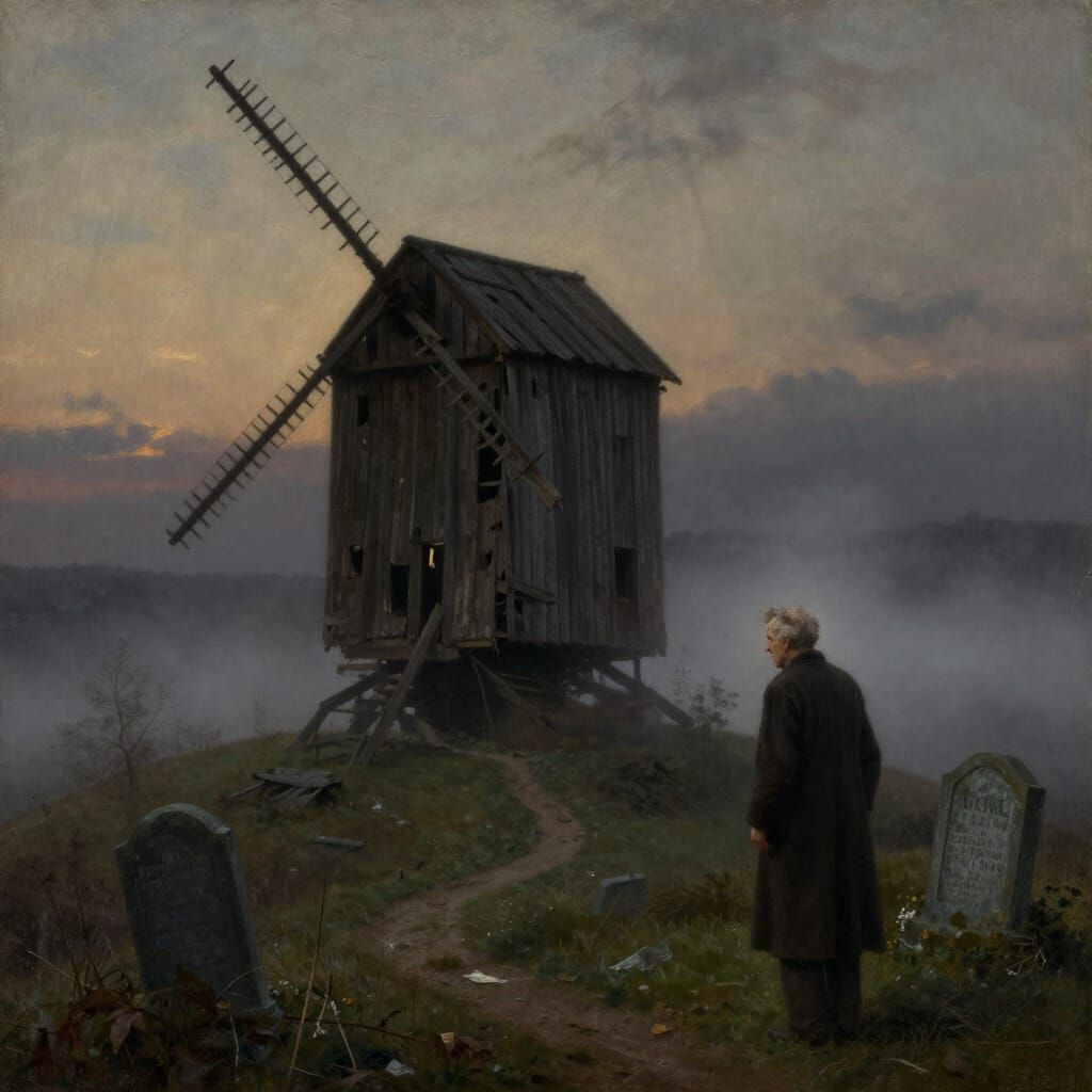 Dilapidated Mill and Mourning Man in Atmospheric Oil Paintin...