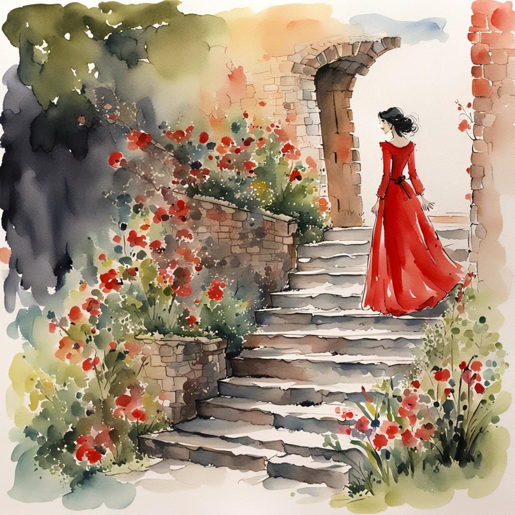 Woman on Stairs in Quentin Blake Watercolor
