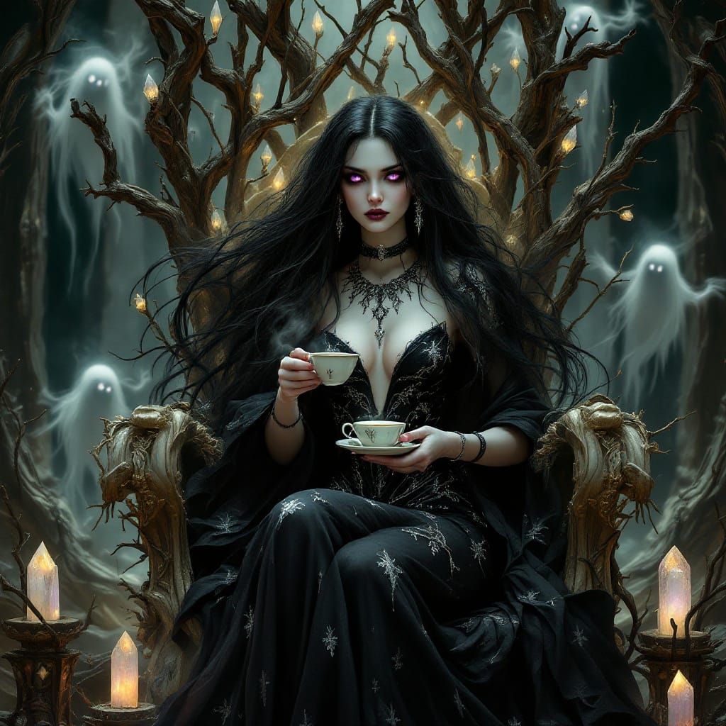 Gothic Fairy Queen Seated in Twisted Throne