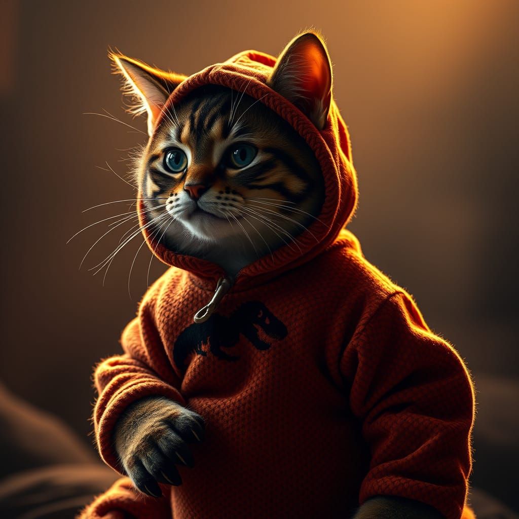 Regal Feline in Dinosaur Costume in a Hyper-Realistic Style