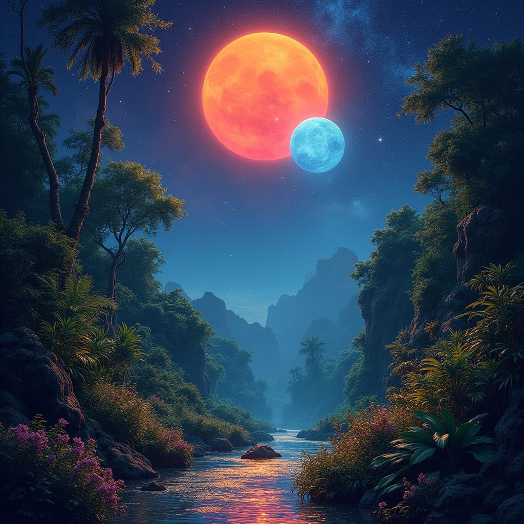 Ethereal Celestial Jungle on a Mystical Planet with Twin Sun...