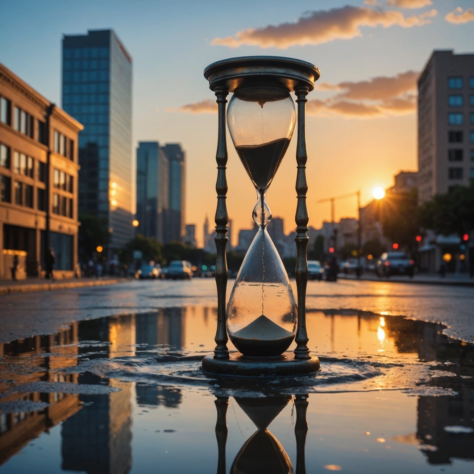 Hourglass Reflecting Sunrise Over City: Stunning Photograph